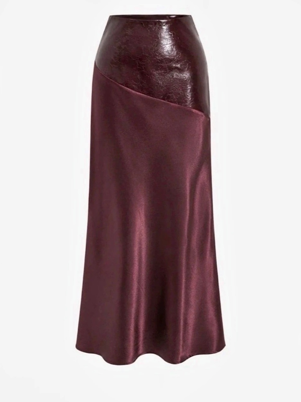 Commense Faux Leather Panel Asymmetric Satin Maxi Skirt